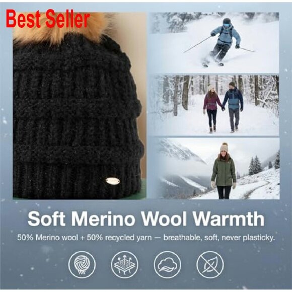 Fleece Lined Merino Wool Beanie Hidden Ponytail Hole Detachable Pom Chic main image 7